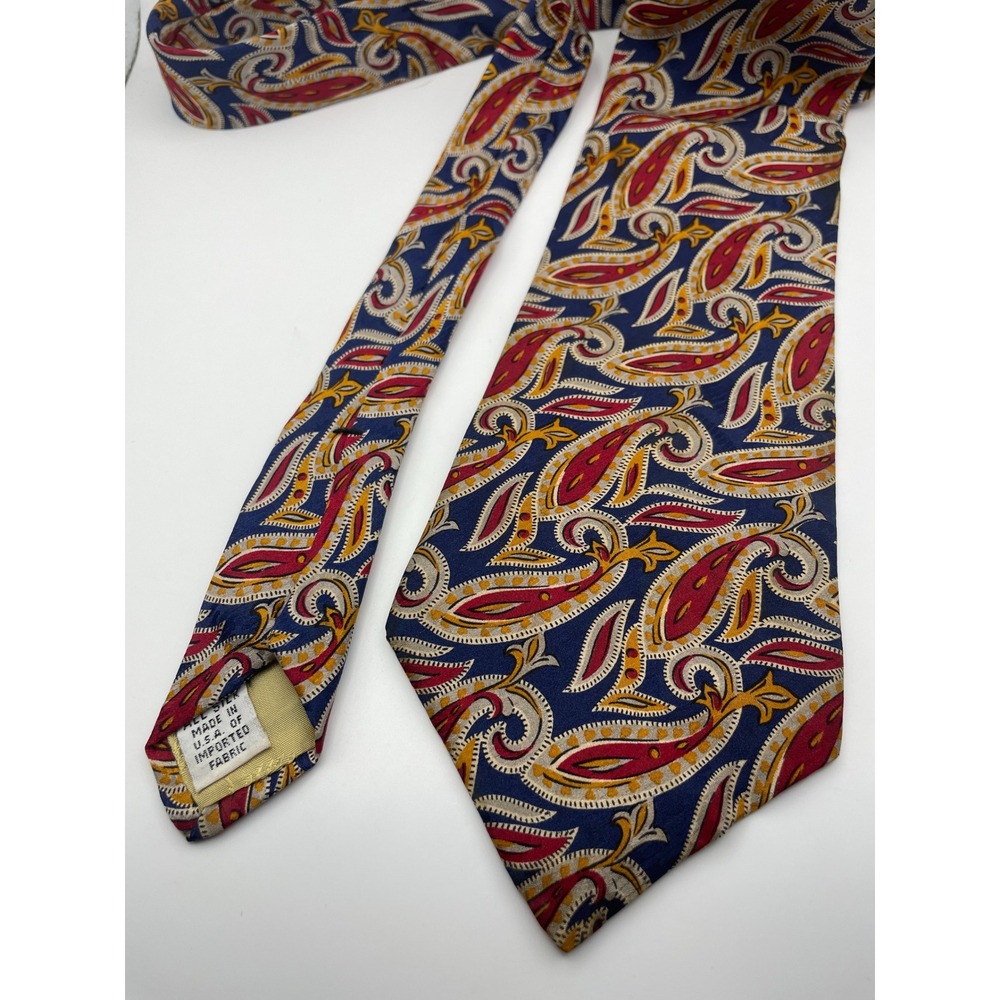 Fairfax for J Riggins Mens Silk Paisley Necktie Navy Blue Burgundy Gold USA Made
